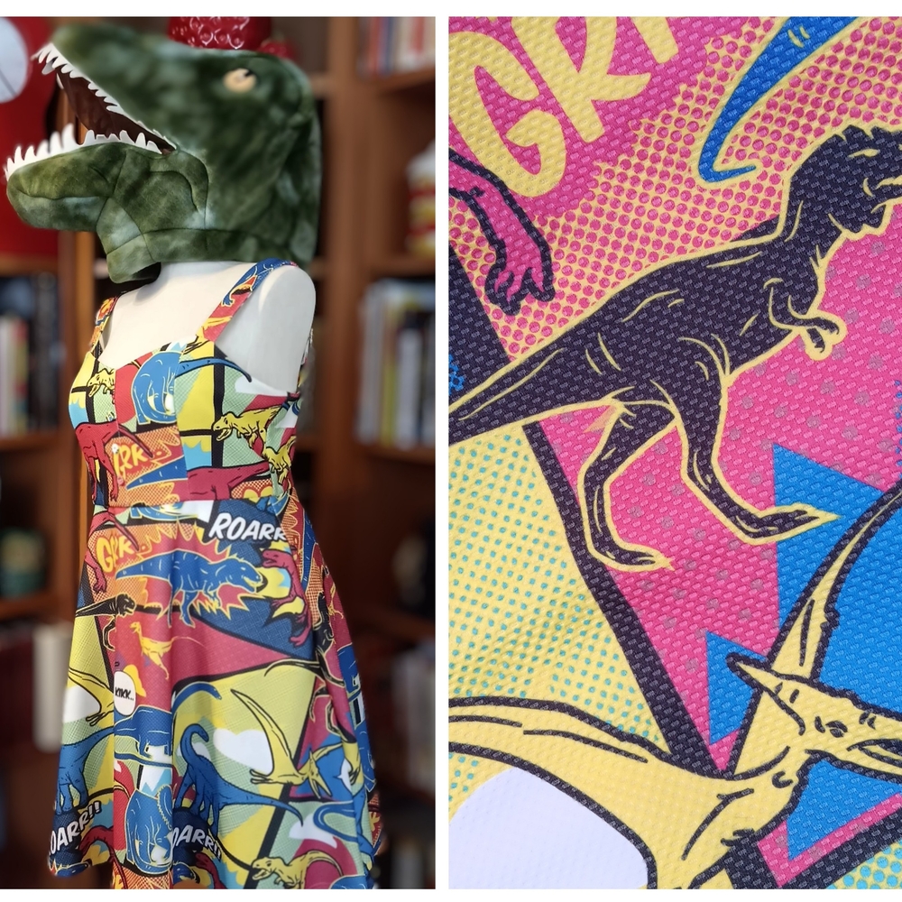 Modcloth Multicolor Dinosaur Pop Art Comic Book Fit and Flare Dress